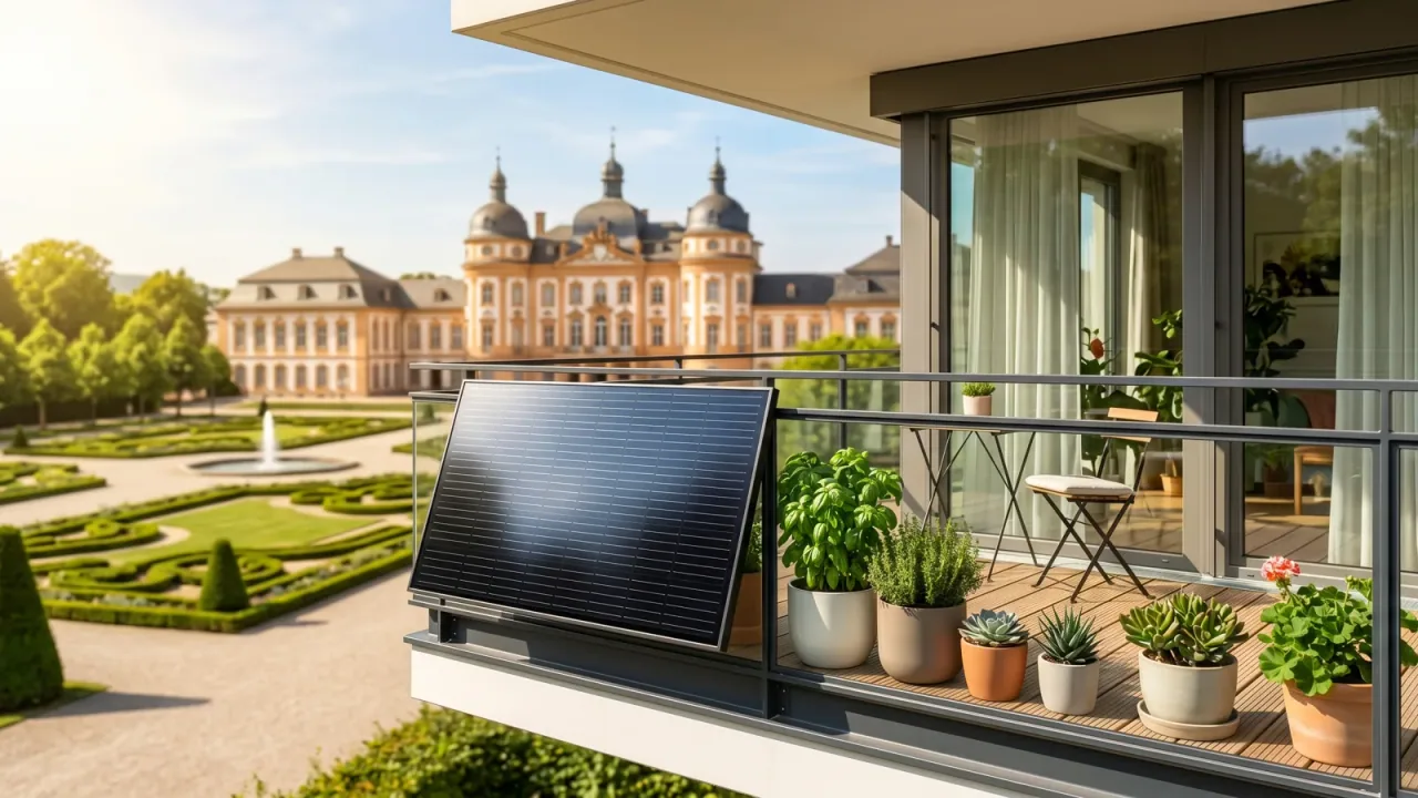 Moderner Balkon mit Solarmodul vor der Kulisse von Schwetzingen — Balkonkraftwerk im Baden-Württemberg.