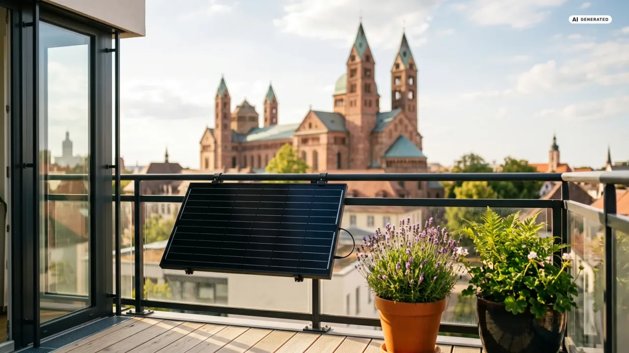Moderner Balkon mit Solarmodul vor der Kulisse von Speyer — Balkonkraftwerk im Rheinland-Pfalz.