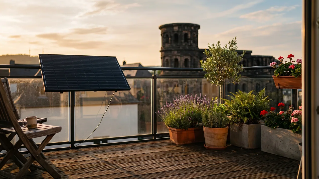 Moderner Balkon mit Solarmodul vor der Kulisse von Trier — Balkonkraftwerk im Rheinland-Pfalz.