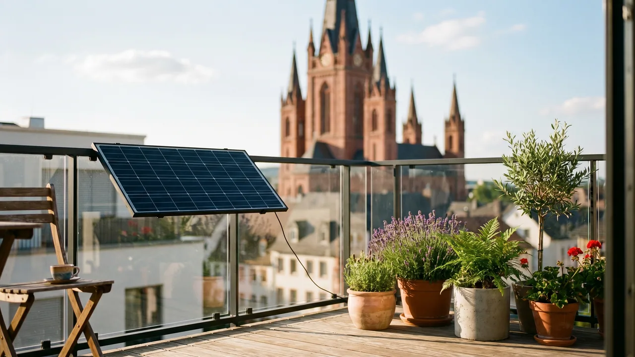 Moderner Balkon mit Solarmodul vor der Kulisse von Wiesbaden — Balkonkraftwerk im Hessen.