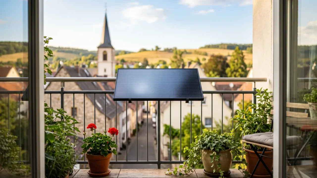Moderner Balkon mit Solarmodul vor der Kulisse von Wiesloch — Balkonkraftwerk im Baden-Württemberg.
