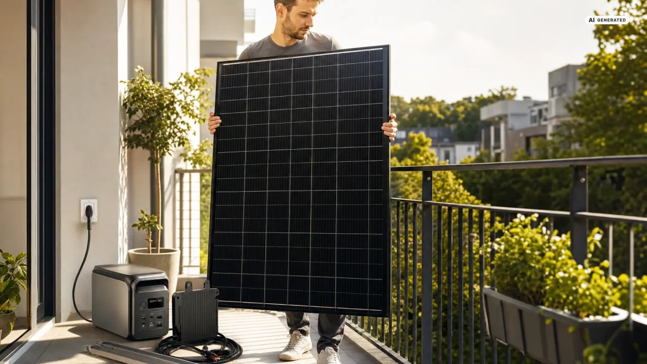 Eine Person trägt ein großes mattschwarzes Solarmodul über einen sonnigen Balkon zum Geländer, weitere Bauteile liegen bereit.