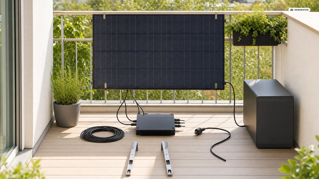 Die Bauteile eines Balkonkraftwerks auf einem Balkon: Solarmodul am Geländer, Wechselrichter, Kabel, Halterungen und ein Stromspeicher.