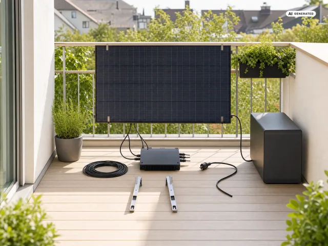 Die Bauteile eines Balkonkraftwerks nebeneinander auf einem Balkon: Modul, Wechselrichter, Halterung und Speicher.