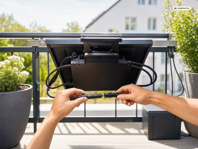 Ein Mikrowechselrichter für ein Balkonkraftwerk, montiert unter einem Solarmodul.