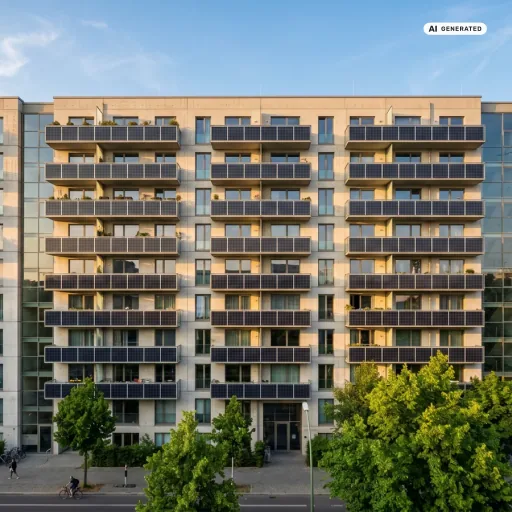 Mehrstöckige Wohnhausfassade mit neuen Balkonkraftwerken über alle Etagen — Sinnbild für den Balkonkraftwerk-Boom in Deutschland.