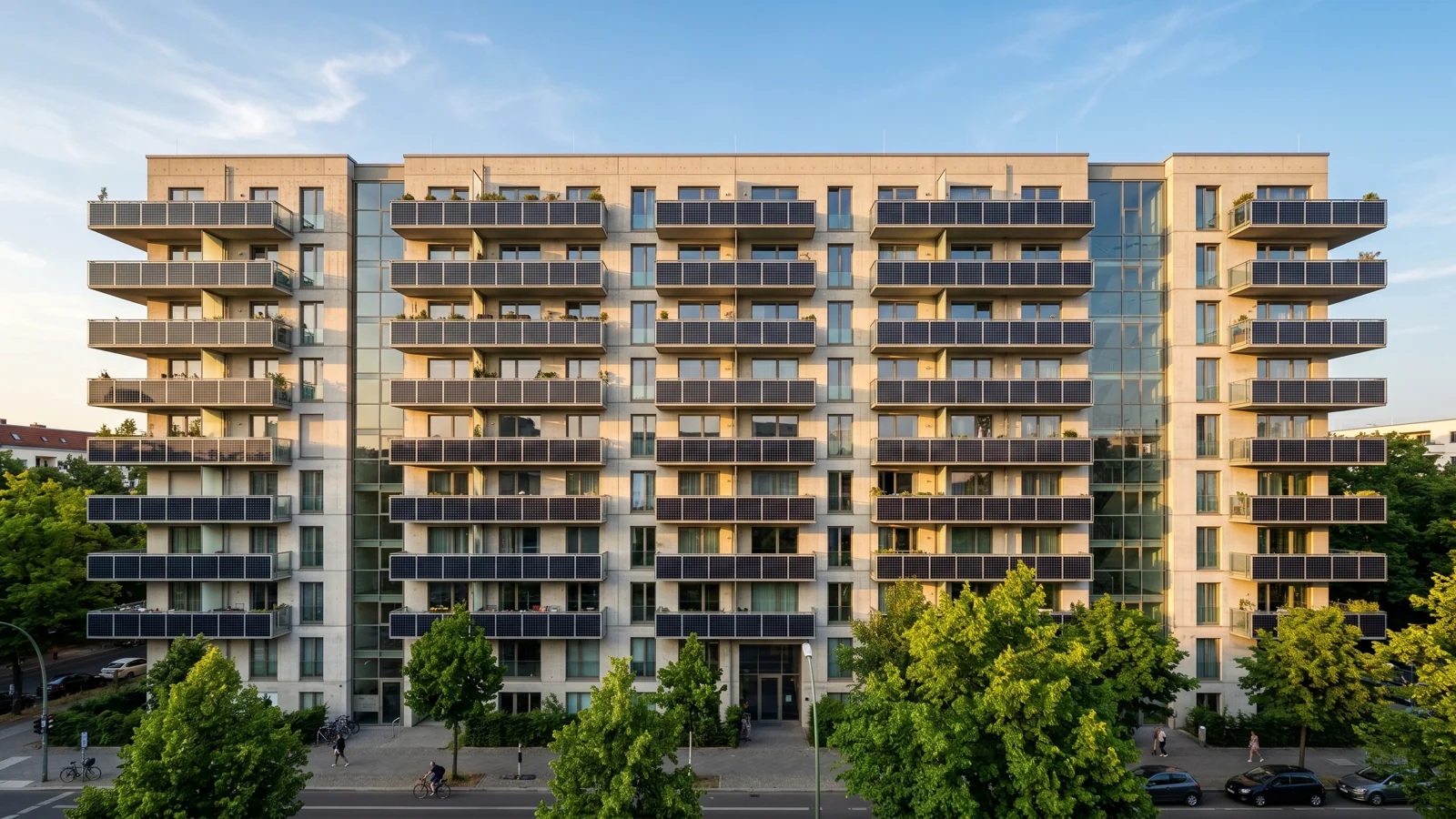 Mehrstöckige Wohnhausfassade mit neuen Balkonkraftwerken über alle Etagen — Sinnbild für den Balkonkraftwerk-Boom in Deutschland.