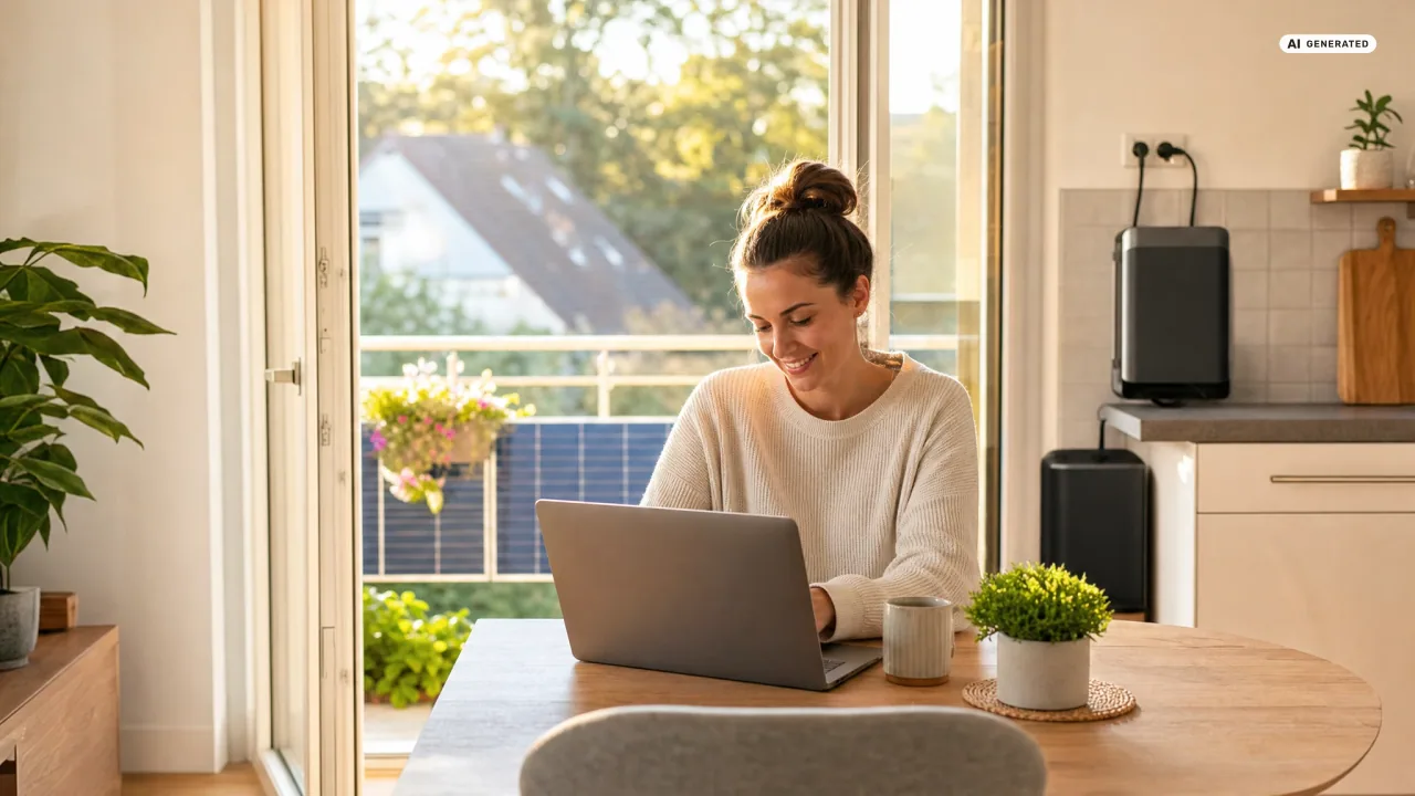Frau prüft am Küchentisch auf dem Laptop, wann sich ihr Balkonkraftwerk bezahlt macht — durch die offene Balkontür ist das Solarmodul am Geländer zu sehen.