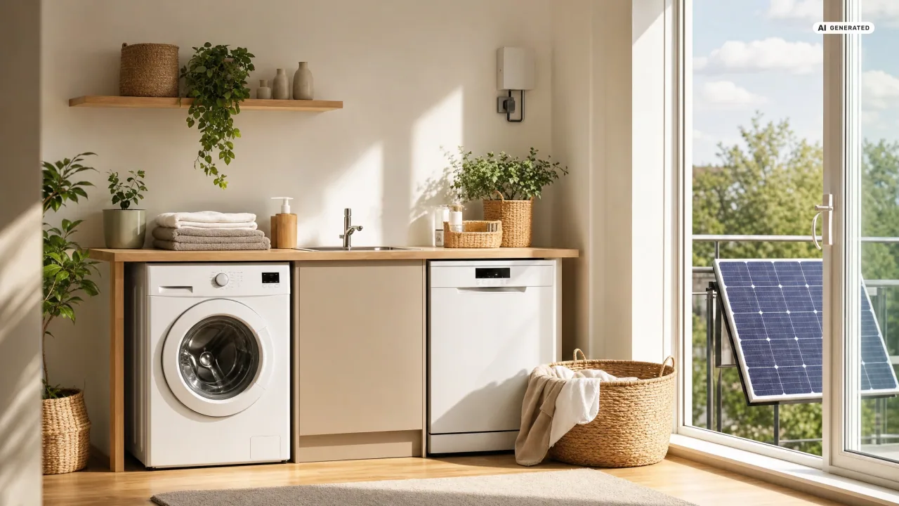 Waschmaschine und Geschirrspüler laufen bei Tageslicht, draußen am Balkongeländer hängt das Solarmodul — so wird der Sonnenstrom direkt im Haushalt verbraucht.