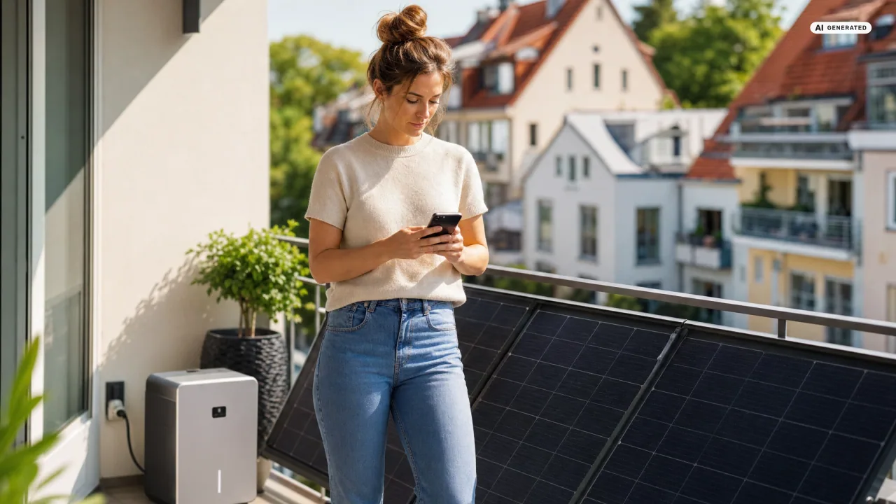 Person prüft auf dem eigenen Balkon am Smartphone, welche regionale Förderung es fürs Balkonkraftwerk gibt — daneben das Solarmodul am Geländer.