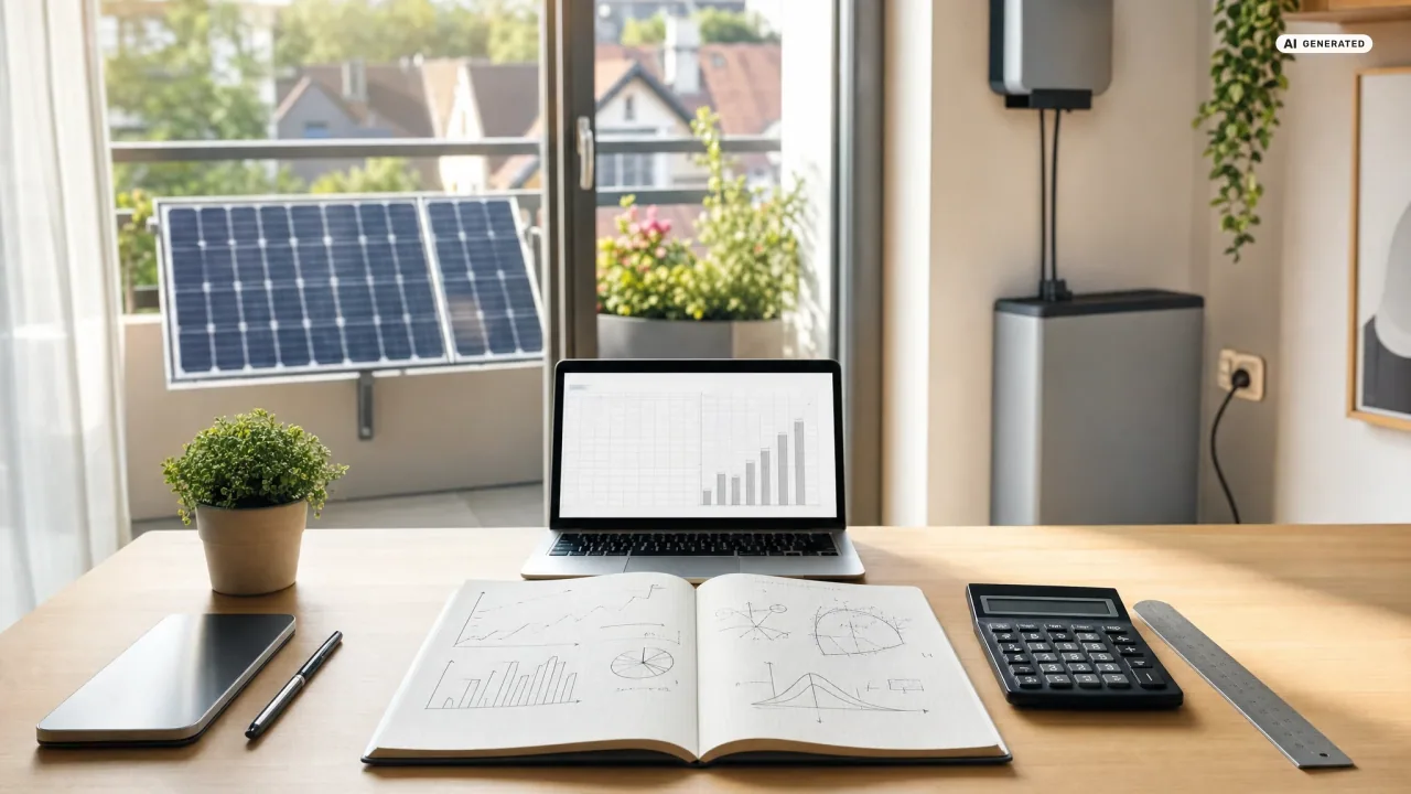 Schreibtisch mit aufgeschlagenem Notizbuch voller handgezeichneter Diagramme, Taschenrechner und Lineal, dahinter ein Laptop mit Tabelle; durch das Fenster ein Balkon mit Solarmodul.