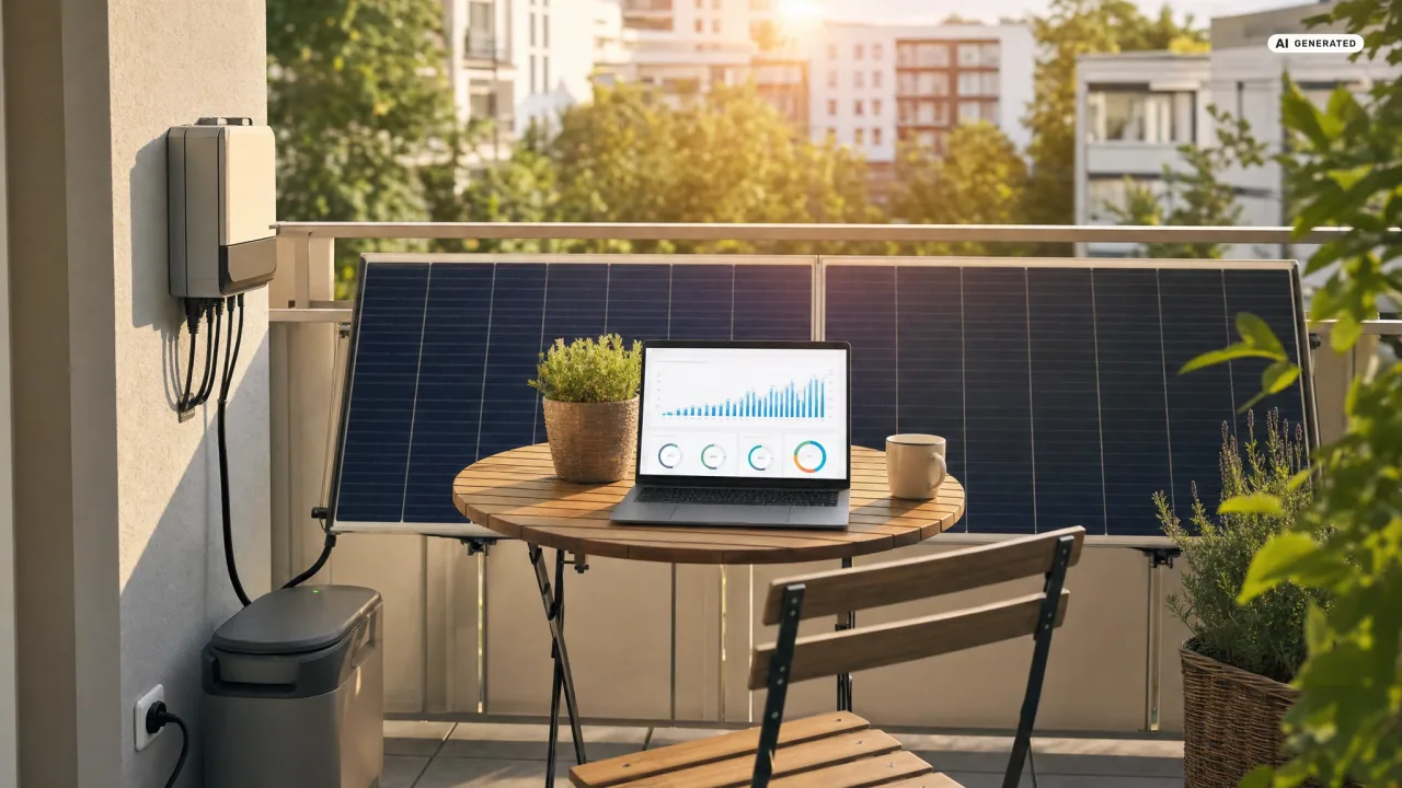 Laptop mit Ertragsdiagramm auf einem Balkontisch, daneben das Solarmodul am Geländer — die Rechner fürs Balkonkraftwerk im Überblick.