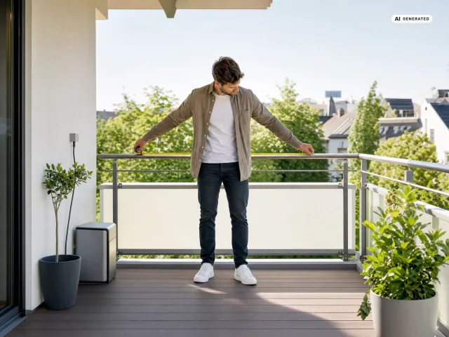 Ein Balkon mit Solarmodul, daneben ein Smartphone mit der Auswertung der Bedarfsanalyse.