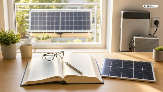 Aufgeschlagener Gesetzestext mit Lesebrille, daneben ein Solarmodul