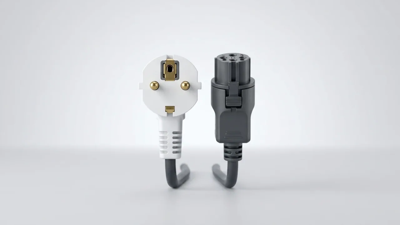 Ein weißer Schuko-Stecker und ein schwarzer Wieland-Stecker dicht nebeneinander auf heller Fläche — Sinnbild für den Stecker-Vergleich.