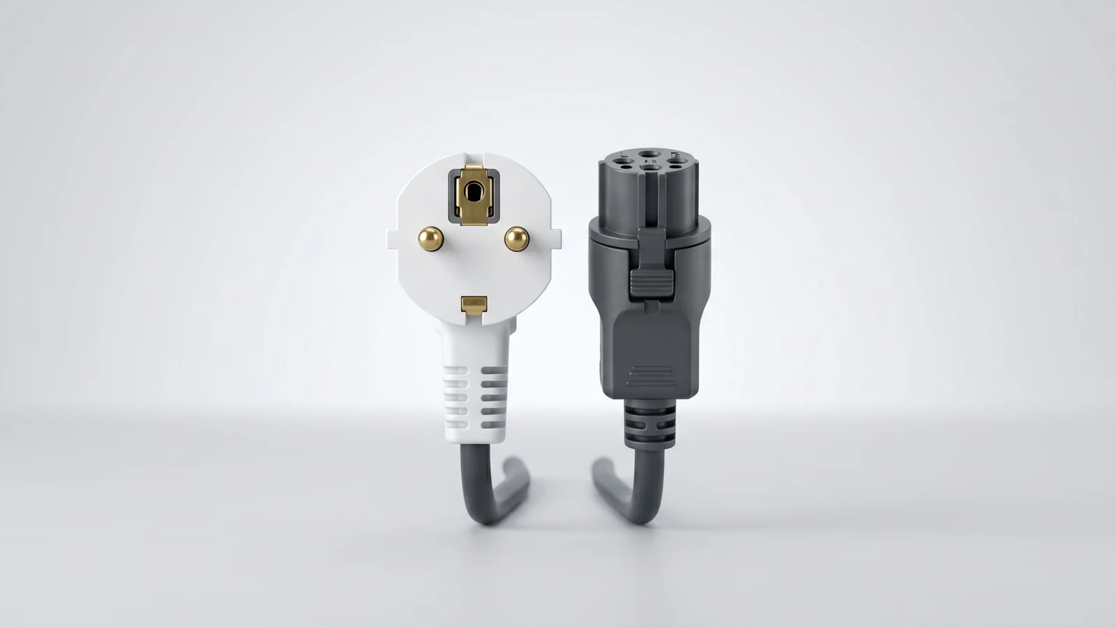 Ein weißer Schuko-Stecker und ein schwarzer Wieland-Stecker dicht nebeneinander auf heller Fläche — Sinnbild für den Stecker-Vergleich.