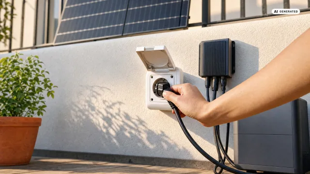 Eine Hand steckt den schwarzen Stecker in eine weiße Außensteckdose an einer hellen Hauswand; daneben hängt ein markenloser Wechselrichter, darüber ein Solarmodul am Balkongeländer, rechts steht ein Speicher auf der Holzterrasse — ein Balkonkraftwerk darf man in aller Regel selbst anschließen.