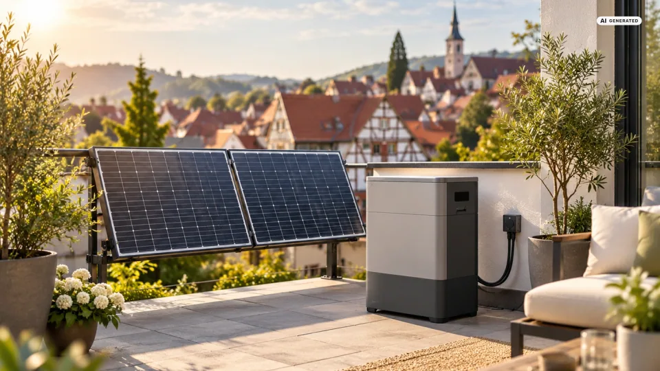 Zwei Solarmodule am Geländer einer Terrasse, daneben ein markenloser Stromspeicher, im Hintergrund eine Kleinstadt mit Fachwerkhäusern und roten Ziegeldächern im Morgenlicht — Sinnbild für die Frage, ob Solakon eine deutsche Firma ist.