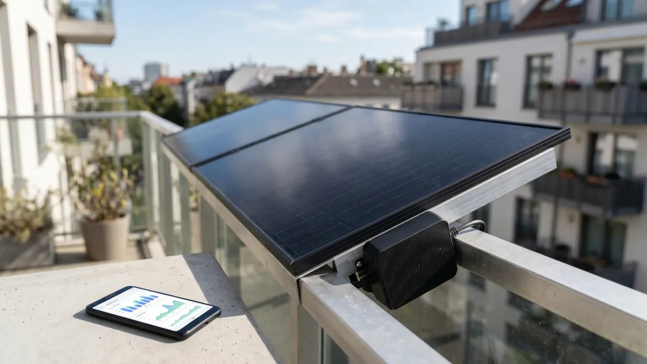 Ein Solakon Balkonkraftwerk mit zwei schwarzen Modulen am Geländer, daneben der kompakte 800-Watt-Wechselrichter mit App-Anbindung.