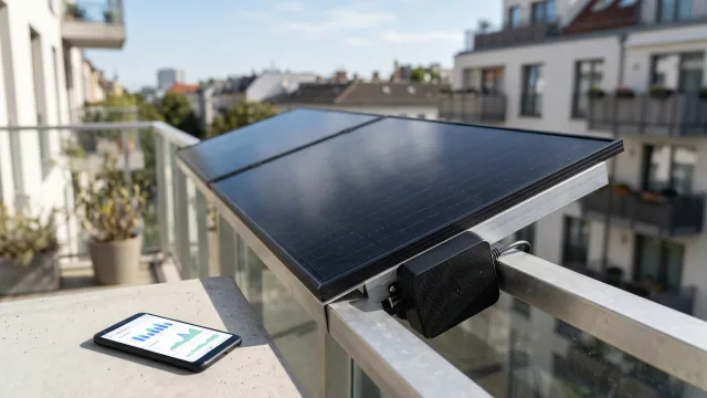 Ein Solakon Balkonkraftwerk mit zwei schwarzen Modulen am Geländer, daneben der kompakte 800-Watt-Wechselrichter mit App-Anbindung.