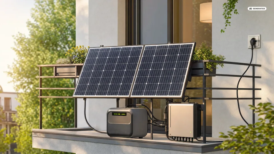 Zwei schwarze Solarmodule stehen aufgeständert nebeneinander auf einer Balkonbrüstung, ihre Kabel führen getrennt zu Wechselrichter und Speicher und von dort zur Steckdose — Sinnbild für die Frage, ob man Solarmodule in Reihe oder parallel schaltet.