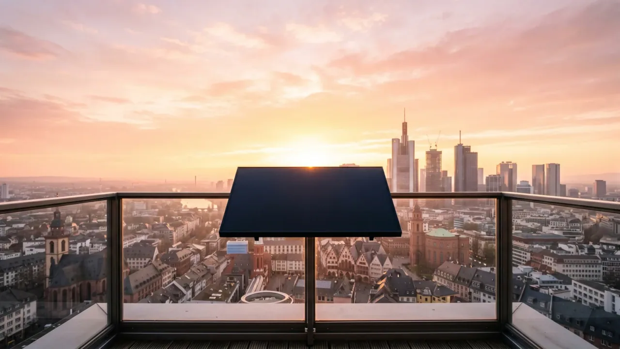 Ein schwarzes Solarmodul auf einem Balkongeländer im Vordergrund, dahinter eine weite Stadt-Skyline im goldenen Sonnenaufgang — Sinnbild für einen Neuanfang.