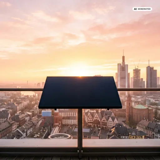 Ein schwarzes Solarmodul auf einem Balkongeländer im Vordergrund, dahinter eine weite Stadt-Skyline im goldenen Sonnenaufgang — Sinnbild für einen Neuanfang.