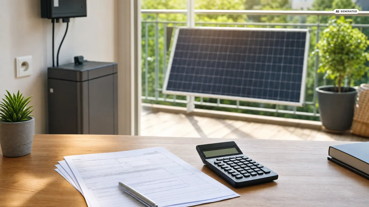 Steuererklärung, Taschenrechner und ein Solarmodul auf einem Schreibtisch — ist ein Balkonkraftwerk steuerlich absetzbar?