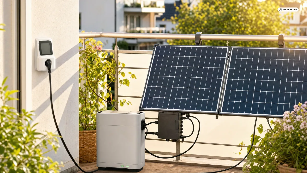 Ein weißes Steckdosen-Messgerät steckt in einer Steckdose an der Balkonwand, sein Kabel führt zu einem Speicher und weiter zum Wechselrichter unter zwei Solarmodulen am Geländer — ein Stromzähler für das Balkonkraftwerk im Alltag
