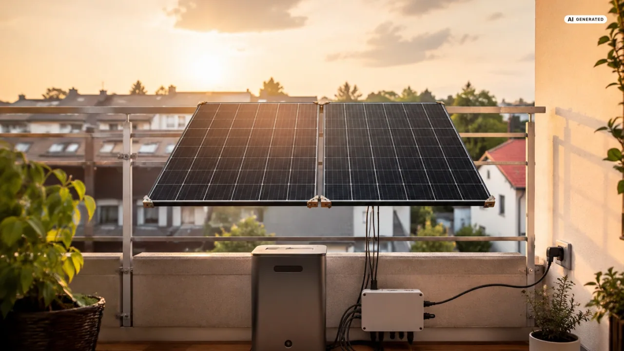 Auf einem Balkon steht ein kompakter grauer Stromspeicher, daneben ein separater weißer Wechselrichter mit Kabelbaum; Leitungen führen zu zwei Solarmodulen am Geländer und zu einer Steckdose an der Hauswand — der Sunlit BK215 braucht genau so einen passenden Wechselrichter.