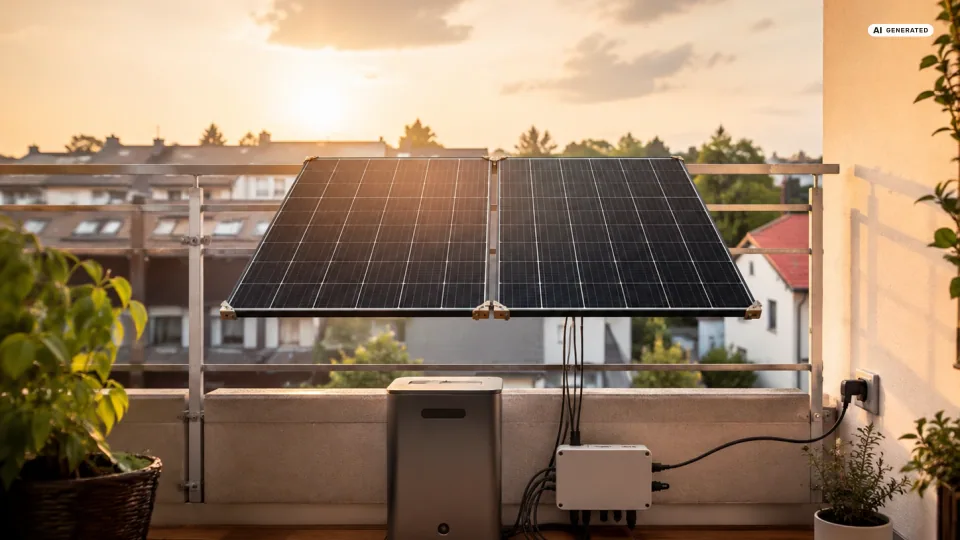 Auf einem Balkon steht ein kompakter grauer Stromspeicher, daneben ein separater weißer Wechselrichter mit Kabelbaum; Leitungen führen zu zwei Solarmodulen am Geländer und zu einer Steckdose an der Hauswand — der Sunlit BK215 braucht genau so einen passenden Wechselrichter.