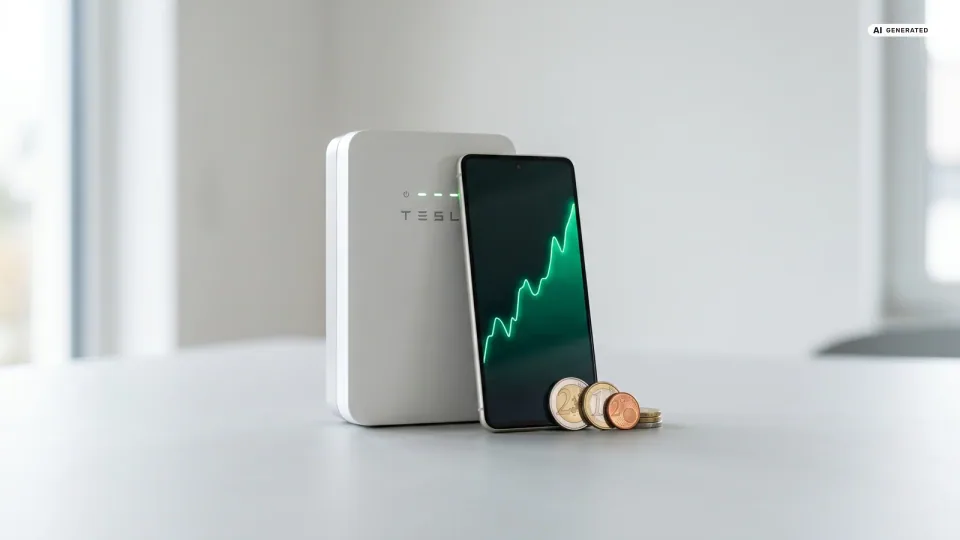 Ein Heimspeicher, ein Smartphone mit grüner Strompreis-Kurve und Euro-Münzen — Sinnbild für die Tibber-Arbitrage mit einem Speicher am Balkonkraftwerk.