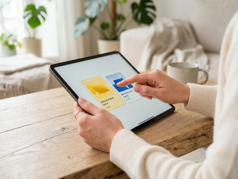 Eine Person wählt am Tablet zwischen verschiedenen Balkonkraftwerk-Sets aus.
