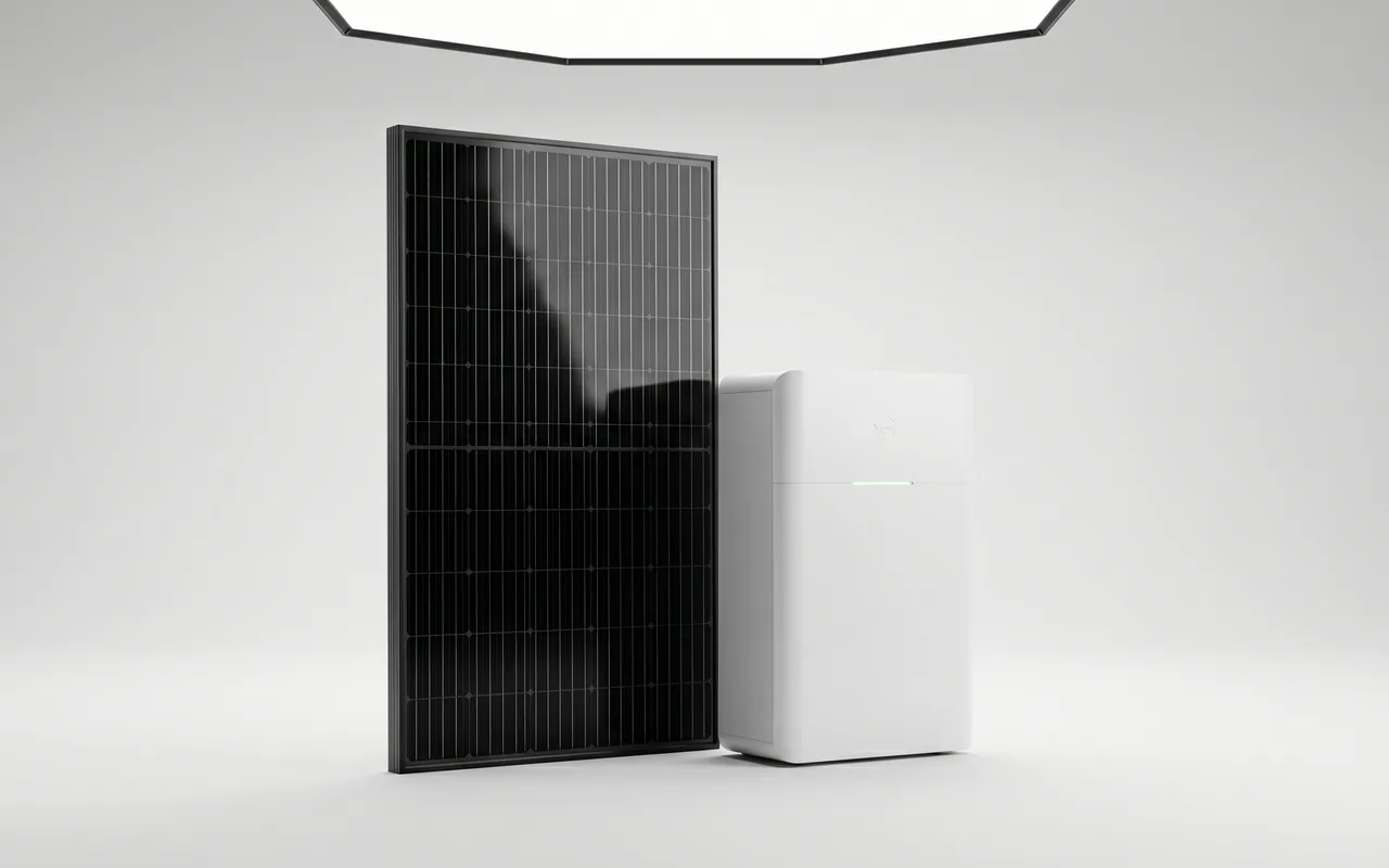 Ein schwarzes Solarmodul und ein weißer Heimspeicher nebeneinander auf heller Studiofläche.