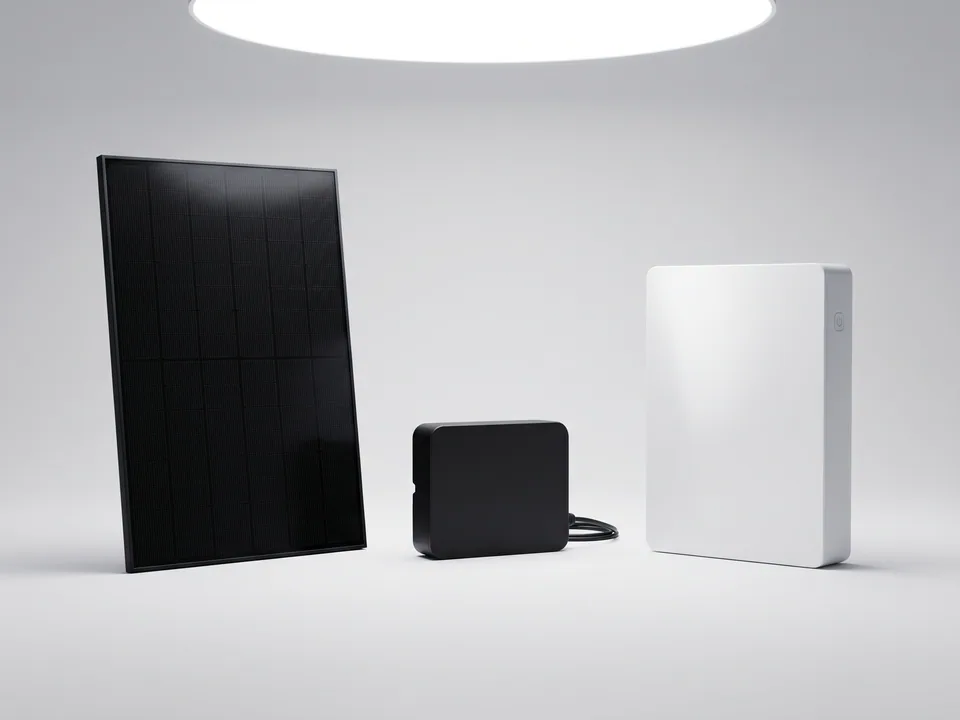 Solarmodul, Wechselrichter und Speicher nebeneinander als Sinnbild für die komplette Kaufberatung.
