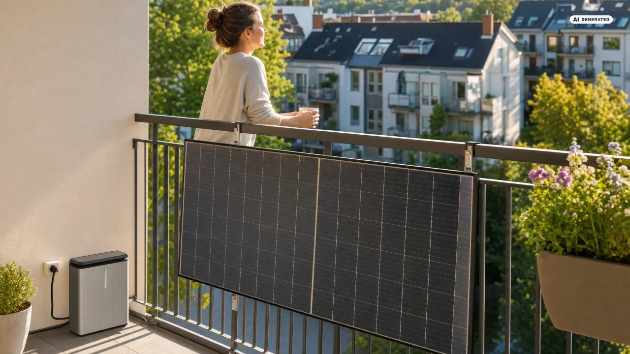 Balkonkraftwerk am Geländer eines Wohnungsbalkons — zur Frage, ob eine Balkonkraftwerk-Versicherung Pflicht ist