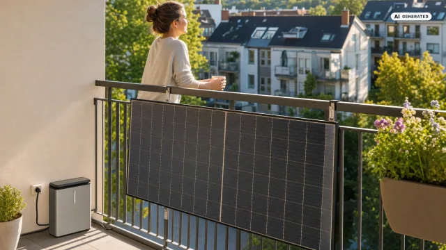 Balkonkraftwerk am Geländer eines Wohnungsbalkons