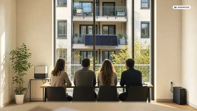 Eigentümerversammlung am Tisch, dahinter ein Wohnhaus mit Balkonmodulen