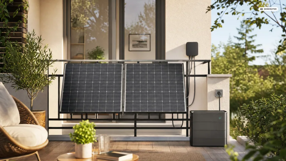 Der Zendure Hyper 2000 als flaches dunkles Gerät an der Hauswand, daneben ein zweifach gestapelter Akkublock auf dem Balkonboden; Kabel führen zu zwei Solarmodulen an der Brüstung und zur Außensteckdose.