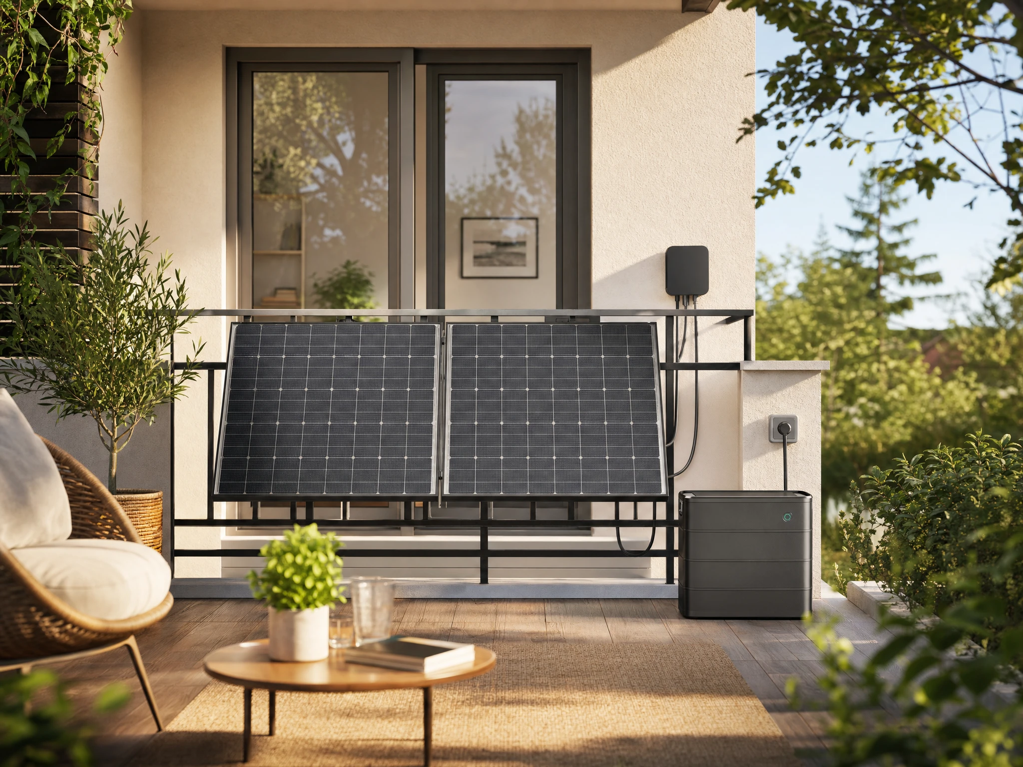 Der Zendure Hyper 2000 als flaches dunkles Gerät an der Hauswand, daneben ein zweifach gestapelter Akkublock auf dem Balkonboden; Kabel führen zu zwei Solarmodulen an der Brüstung und zur Außensteckdose.