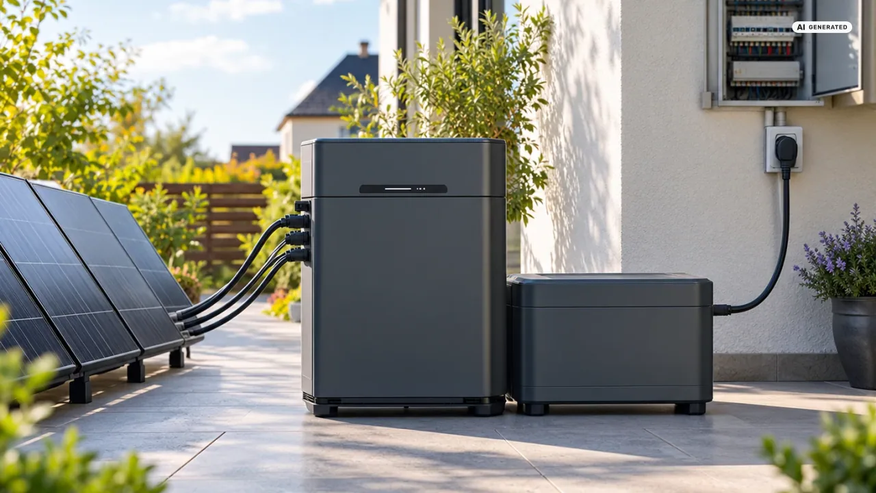 Zendure SolarFlow 2400 Pro Anschlussplan: Ein dunkler, quaderförmiger Speicher steht auf einer Terrasse, daneben ein zweiter Akkublock. An der linken Seite laufen vier Solarkabel in die Eingänge, rechts verlässt ein schwarzes Netzkabel das Gehäuse in Richtung Hauswand. Sinnbild, kein Produktfoto.