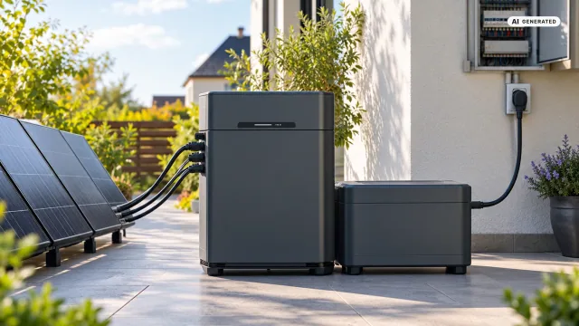 Zendure SolarFlow 2400 Pro Anschlussplan: Ein dunkler, quaderförmiger Speicher steht auf einer Terrasse, daneben ein zweiter Akkublock. An der linken Seite laufen vier Solarkabel in die Eingänge, rechts verlässt ein schwarzes Netzkabel das Gehäuse in Richtung Hauswand. Sinnbild, kein Produktfoto.