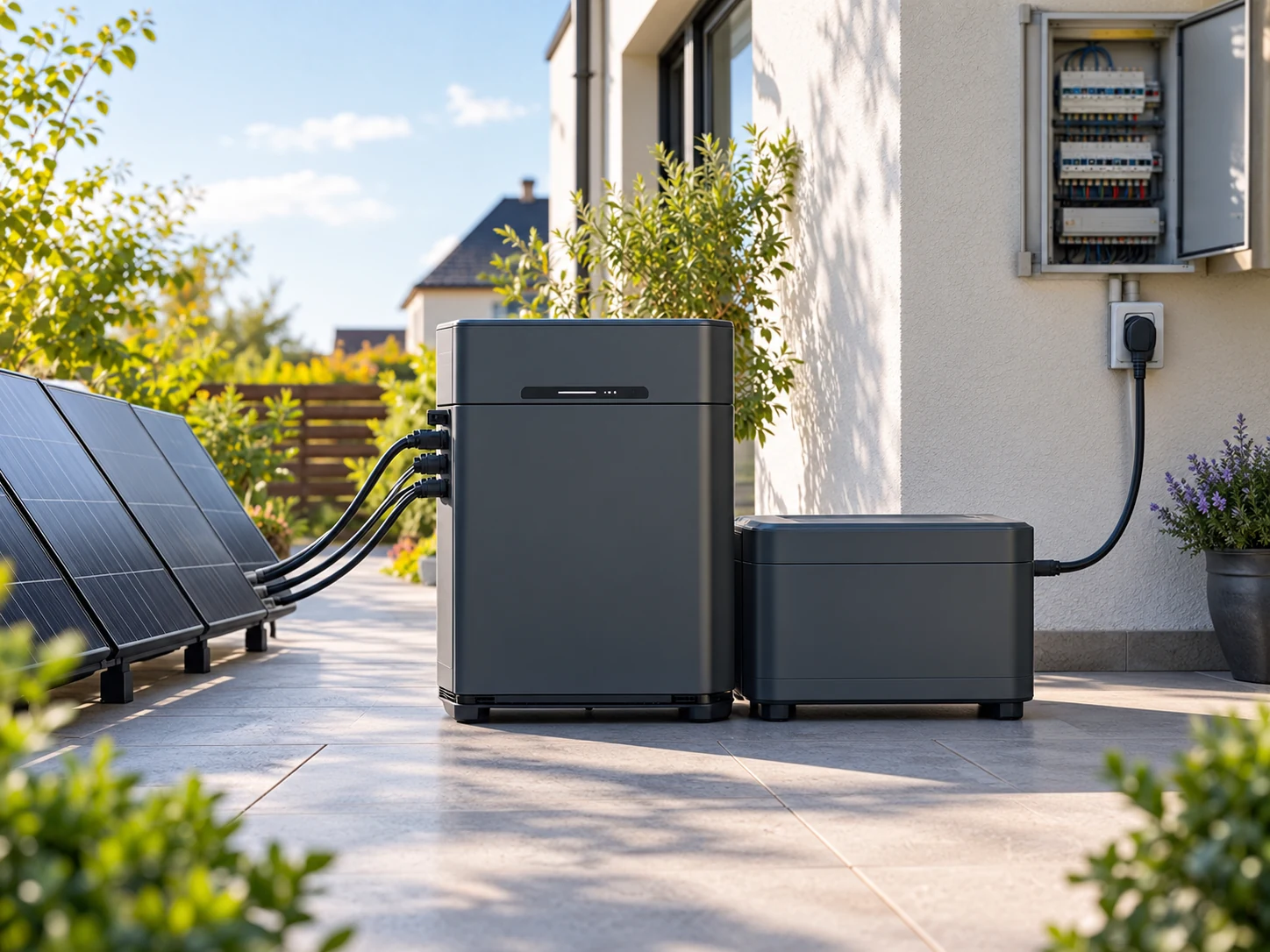 Zendure SolarFlow 2400 Pro Anschlussplan: Ein dunkler, quaderförmiger Speicher steht auf einer Terrasse, daneben ein zweiter Akkublock. An der linken Seite laufen vier Solarkabel in die Eingänge, rechts verlässt ein schwarzes Netzkabel das Gehäuse in Richtung Hauswand. Sinnbild, kein Produktfoto.
