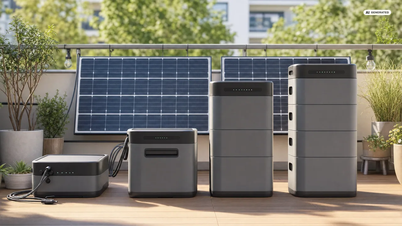 Vier Balkon-Stromspeicher in aufsteigender Größe nebeneinander auf einem Balkon, vom flachen Kasten bis zum vierfach gestapelten Block; nur an den beiden kleineren hängen Solarkabel, dahinter zwei Solarmodule an der Brüstung.