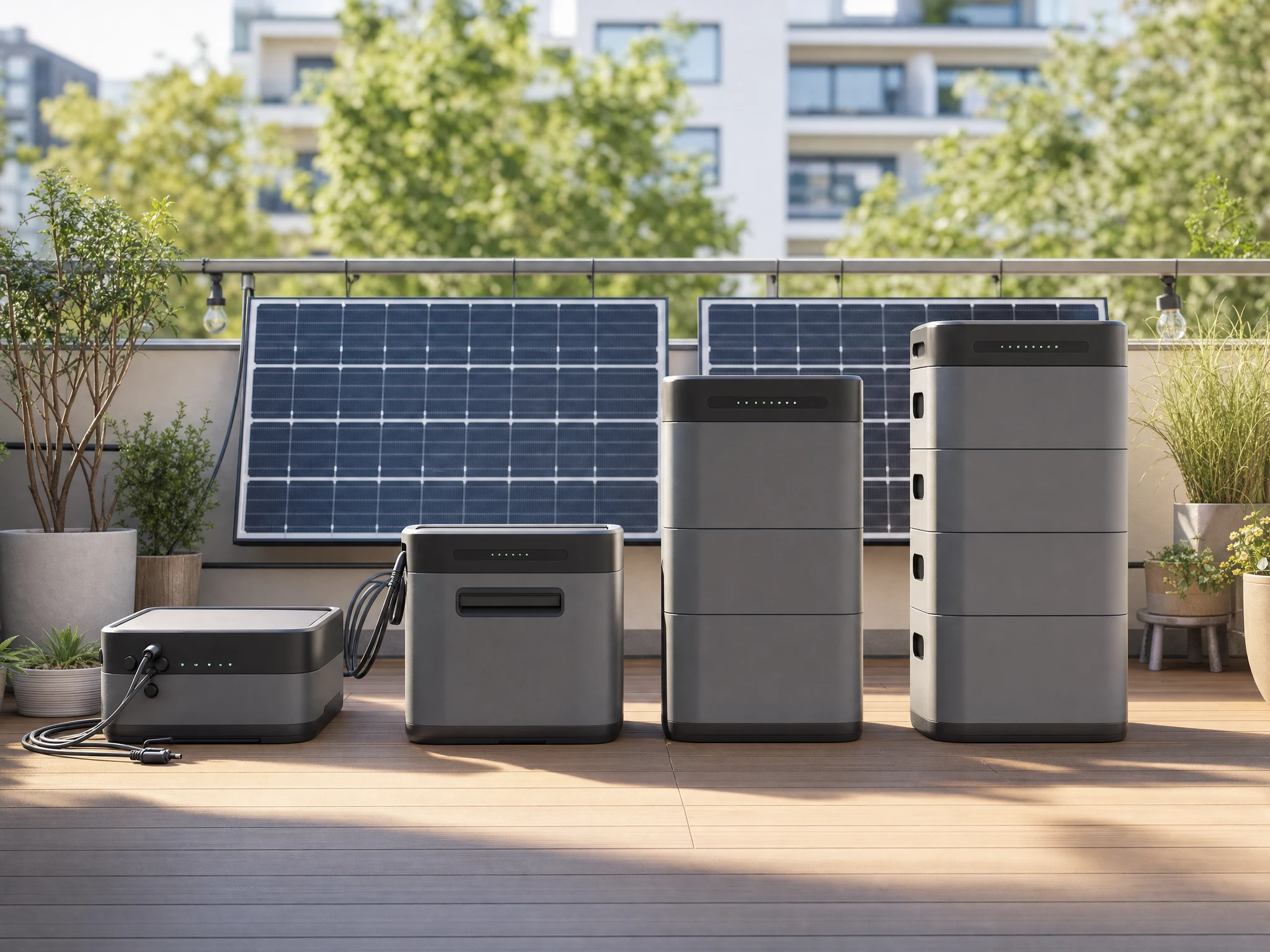 Vier Balkon-Stromspeicher in aufsteigender Größe nebeneinander auf einem Balkon, vom flachen Kasten bis zum vierfach gestapelten Block; nur an den beiden kleineren hängen Solarkabel, dahinter zwei Solarmodule an der Brüstung.